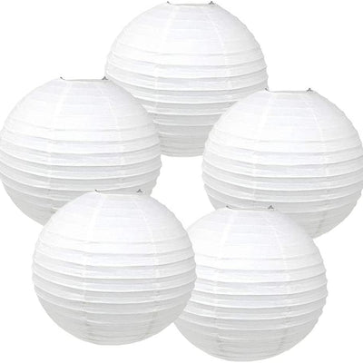 Decoration Round Hanging Ball Paper Lantern Lamps, 12 Inch, (Pack of 5, White)