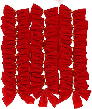 Mini Red Christmas Bows Pack of 24-3.5” x 3.5” Small Bows for Christmas Tree - Red Velvet Bows for Ornaments, Crafts, Candy Canes - Gold Wire Twist Tie for Easy Attachment