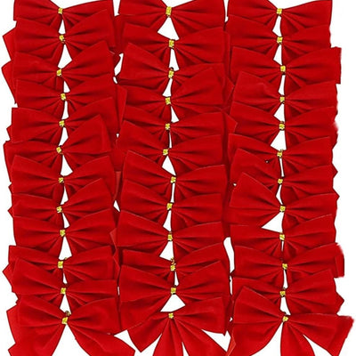 Mini Red Christmas Bows Pack of 24-3.5” x 3.5” Small Bows for Christmas Tree - Red Velvet Bows for Ornaments, Crafts, Candy Canes - Gold Wire Twist Tie for Easy Attachment